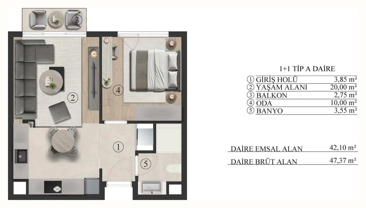 Efas NTepe Yaşamkent 1+1 A tip daire planı ve alan tablosu