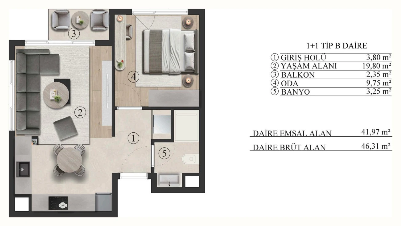 Efas NTepe Yaşamkent 1+1 B tip daire planı ve alan tablosu