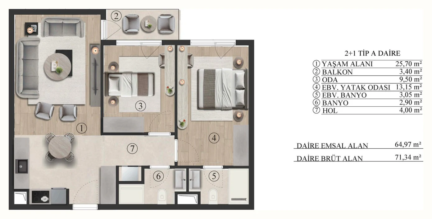 Efas NTepe Yaşamkent 2+1 A tip daire planı ve alan tablosu