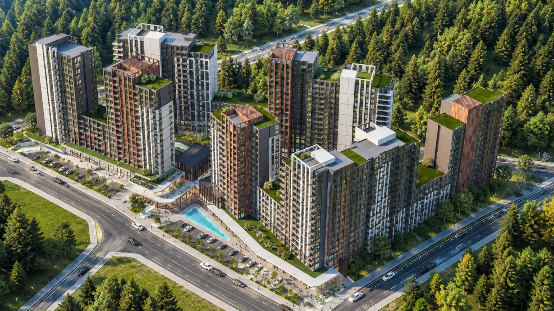 Efas NTepe Yaşamkent konut blokları, peyzaj alanları ve çevre yollarının mimari renderı