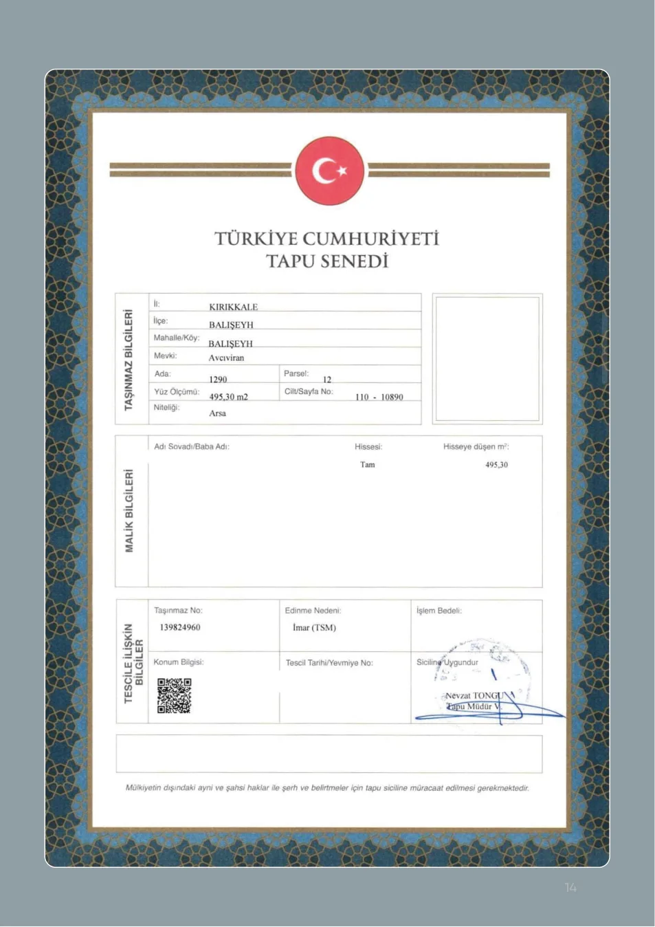 Kırıkkale Balışeyh ada 1290 parsel 12 için 495,30 metrekare örnek tapu senedi