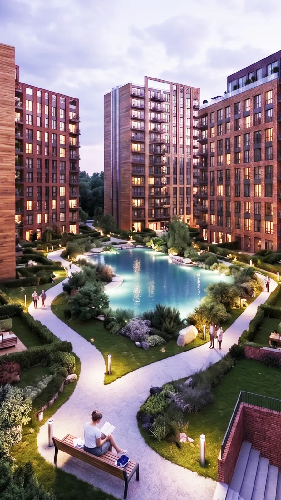 Finest Vadi blokları arasında merkezi gölet ve akşam peyzajı mimari renderı