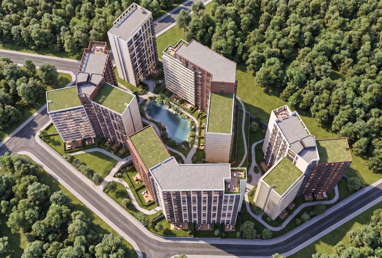 Finest Vadi blokları, merkezi gölet ve peyzajın üstten mimari renderı