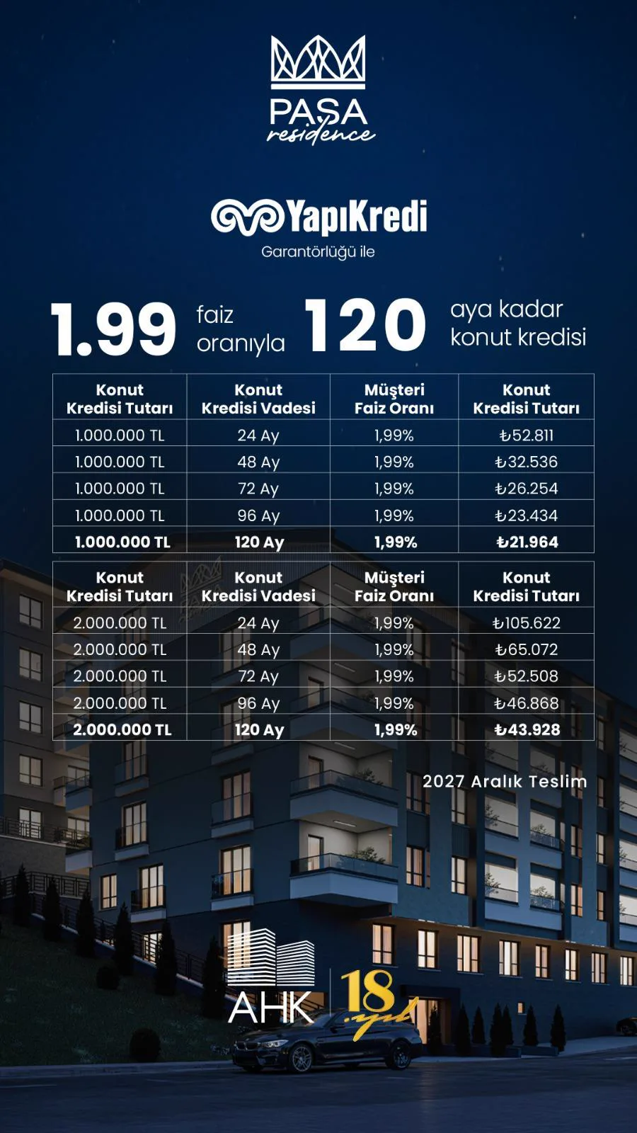 Paşa Residence YapıKredi konut kredisi kampanya ödeme tablosu