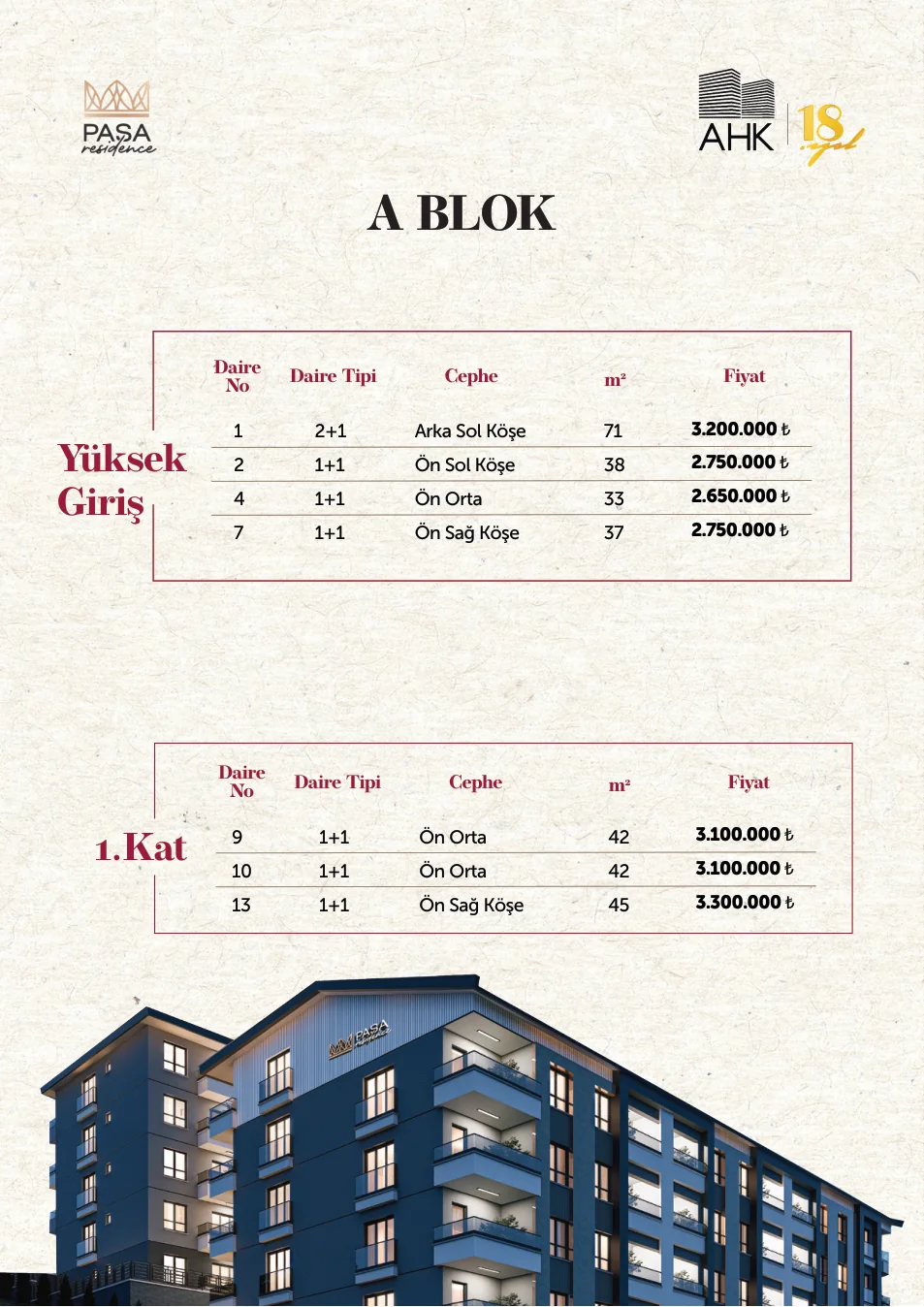 Paşa Residence A blok fiyat listesi