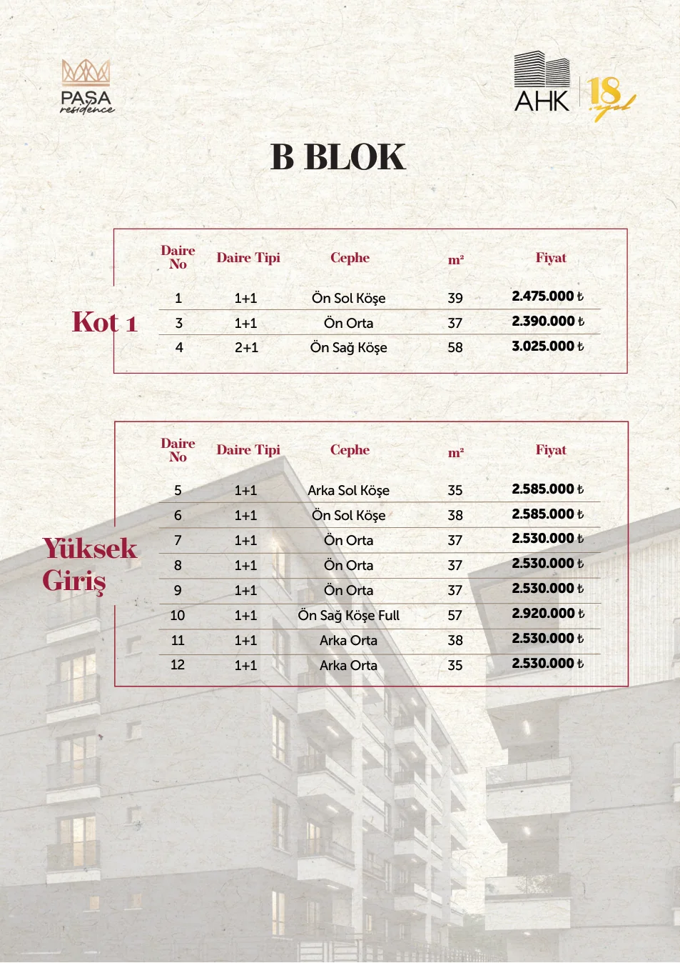 Paşa Residence B blok fiyat listesi