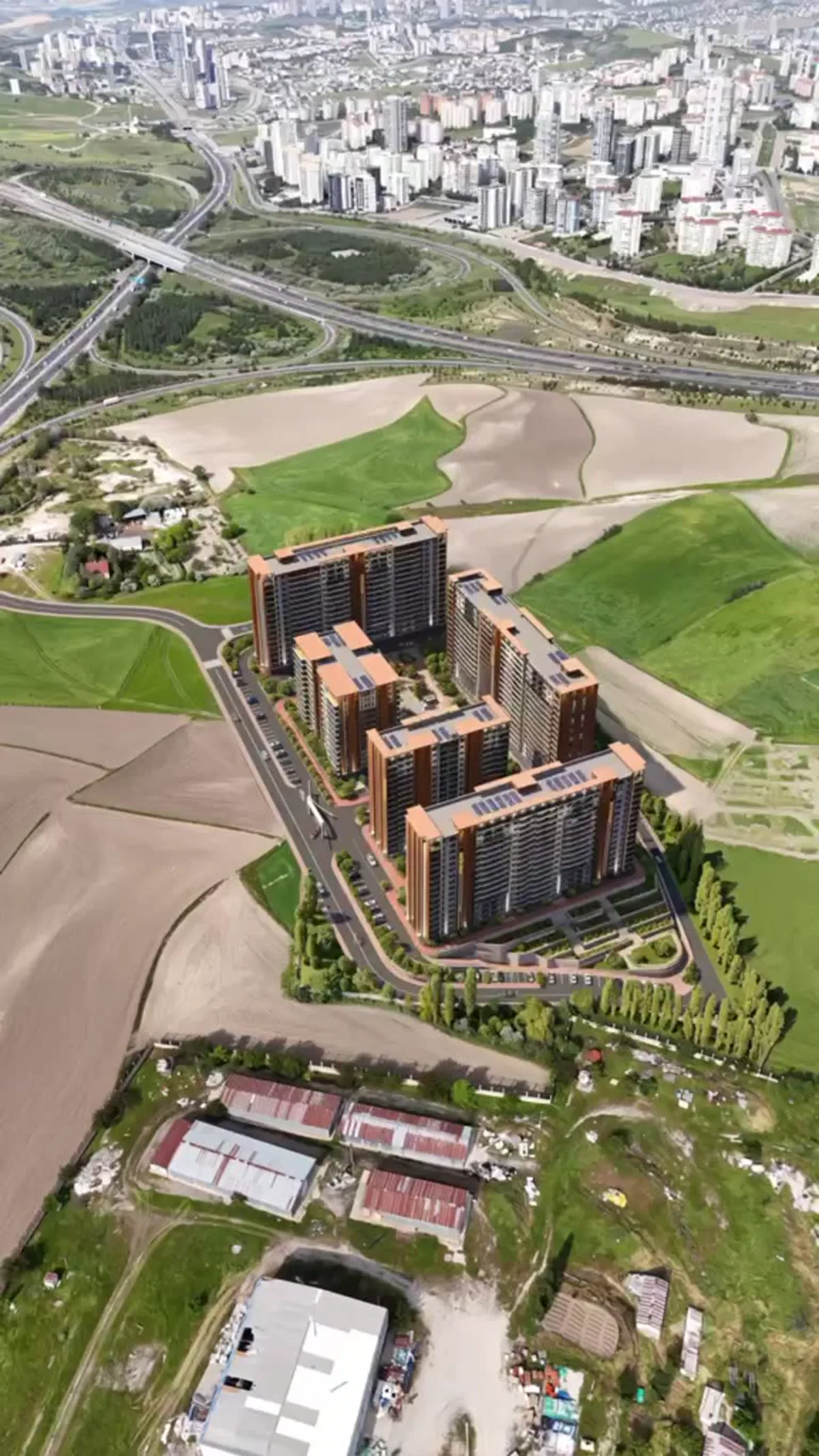 Sarıtaş Mas Lora Yaşamkent beş blok yerleşimi ve çevre bağlantılarının kuşbakışı görünümü