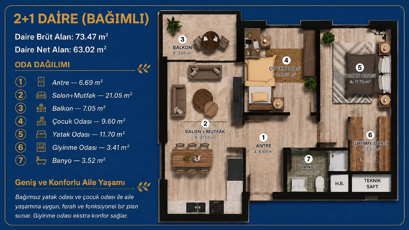 Sarıtaş Mas Lora Yaşamkent 2+1 Amerikan mutfak daire planı
