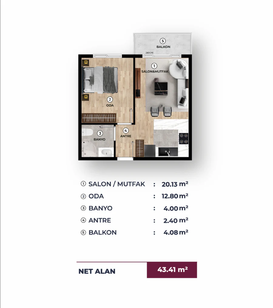 Viole Manzara 1+1 daire planı ve 43,41 metrekare net alan özeti