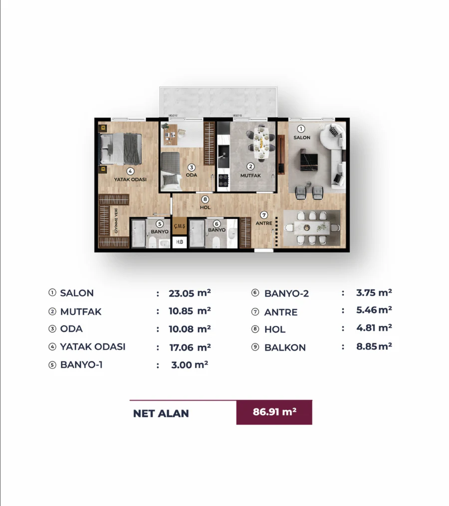 Viole Manzara 2+1 daire planı ve 86,91 metrekare net alan özeti