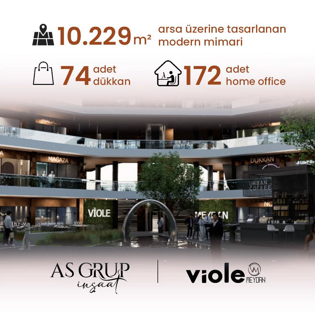 Viole Meydan iç avlusu ve çok katlı ticari alanların mimari renderı