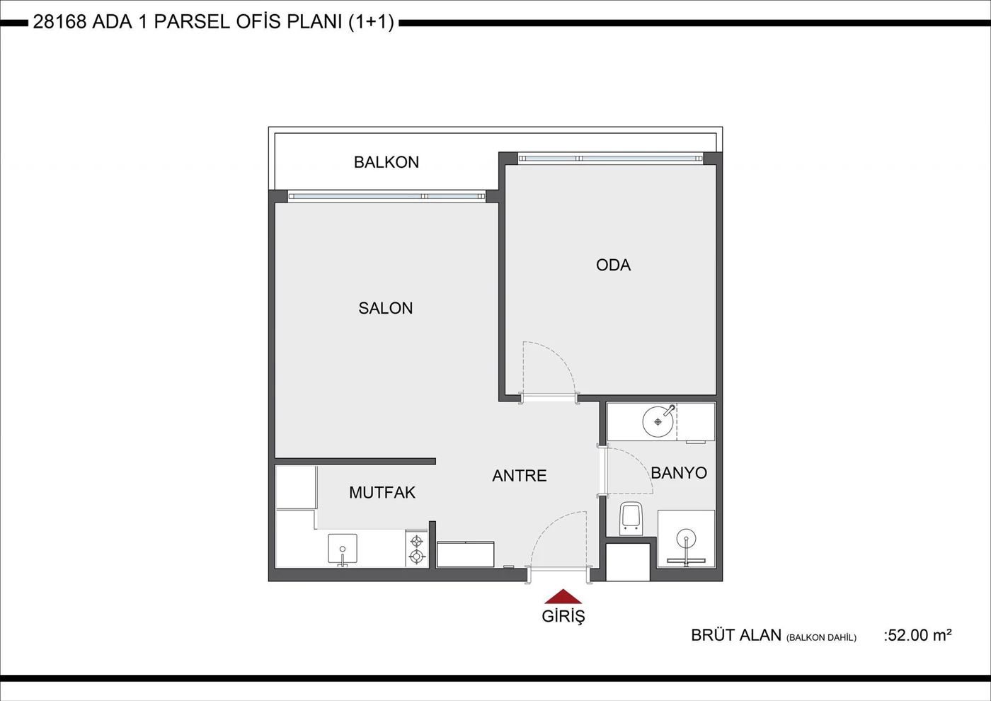 Viole Meydan 1+1 home office planı ve 52 metrekare brüt alan