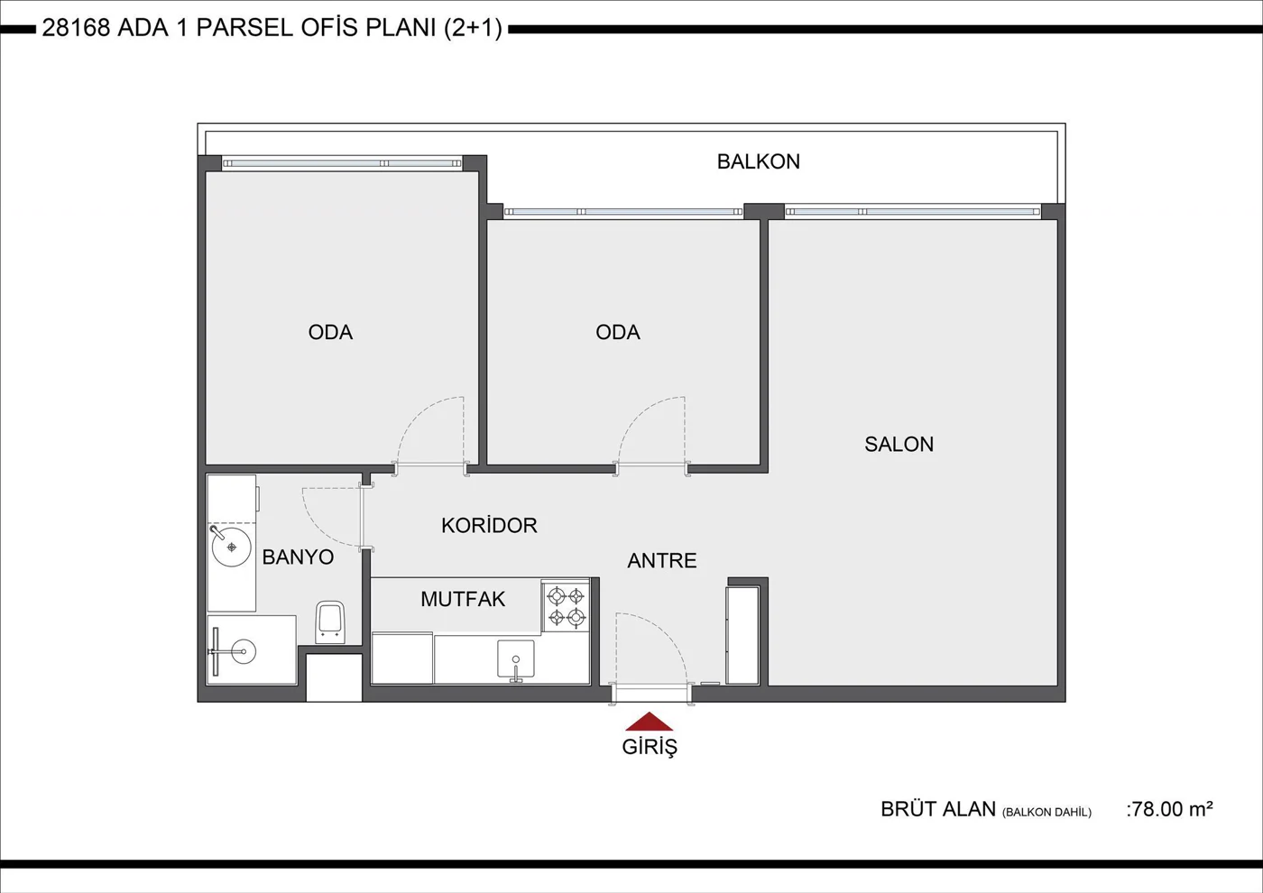 Viole Meydan 2+1 home office planı ve 78 metrekare brüt alan